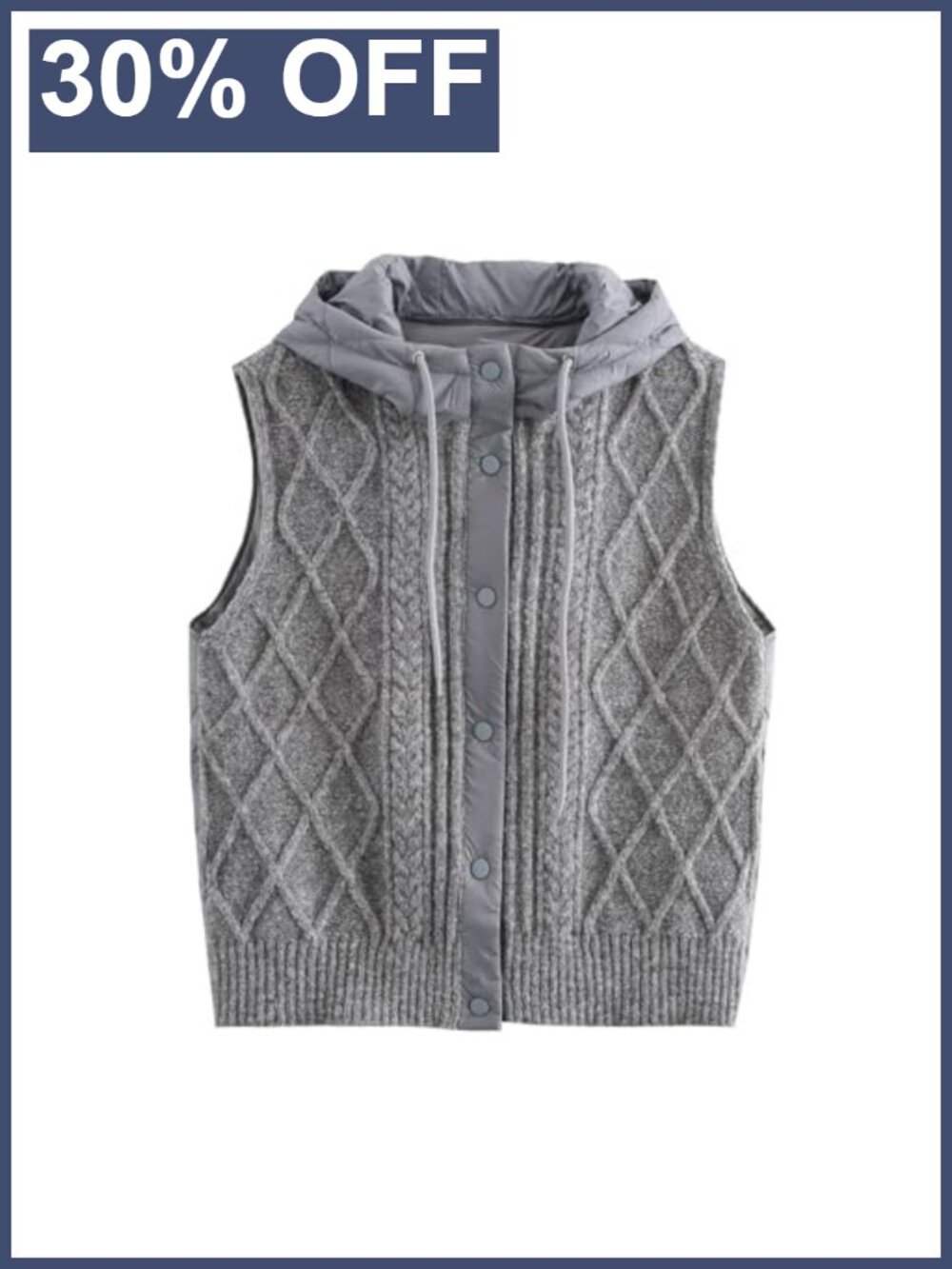 Quilted Hooded Cable Knit Vest Sleeveless Snap Front Layering